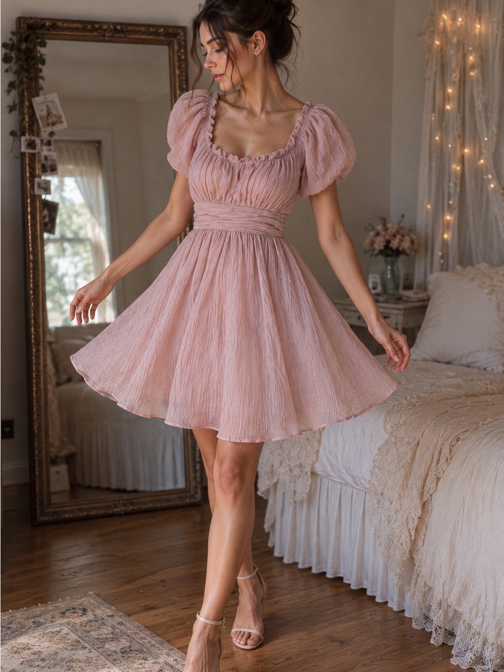 Pink Balletcore Milkmaid Mini Dress Puff Sleeve Coquette Smocked Bow Tie Back L